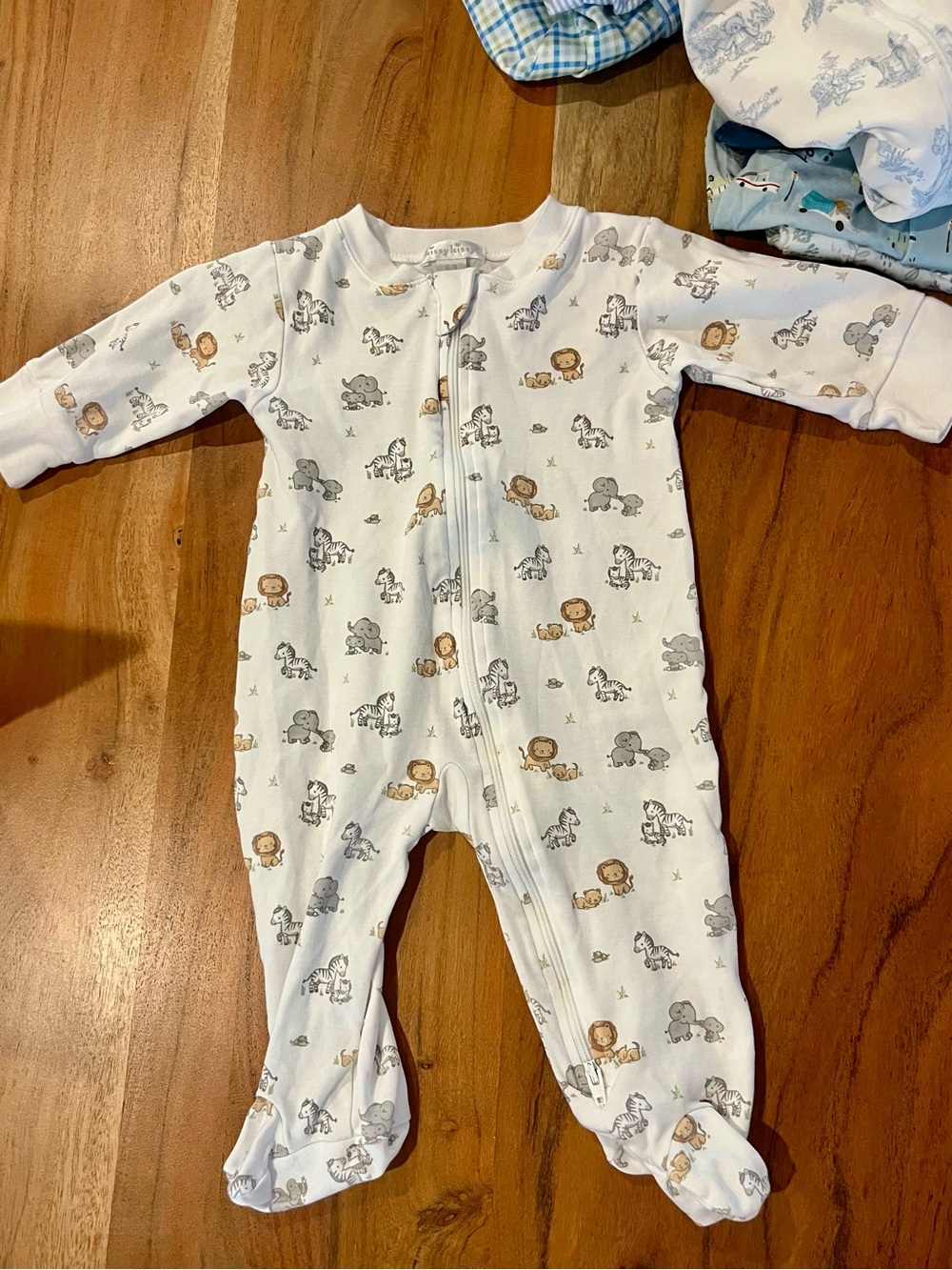Kissy Kissy White Footed One-Piece with Grey and Tan Safari Print